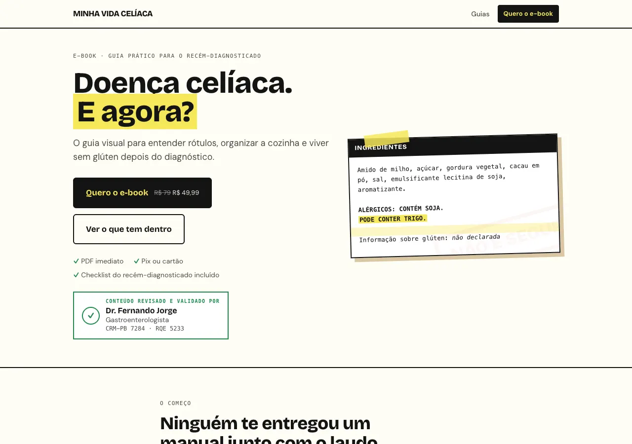 Página inicial do site minhavidaceliaca.com.br, com o título Doença celíaca. E agora?